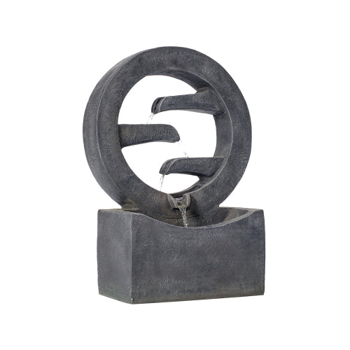 26.77"H Gray Circular Polyresin Outdoor Water Fountain with LED Light, Freestanding Modern Cascading Water Feature for Patio Garden Backyard Decor