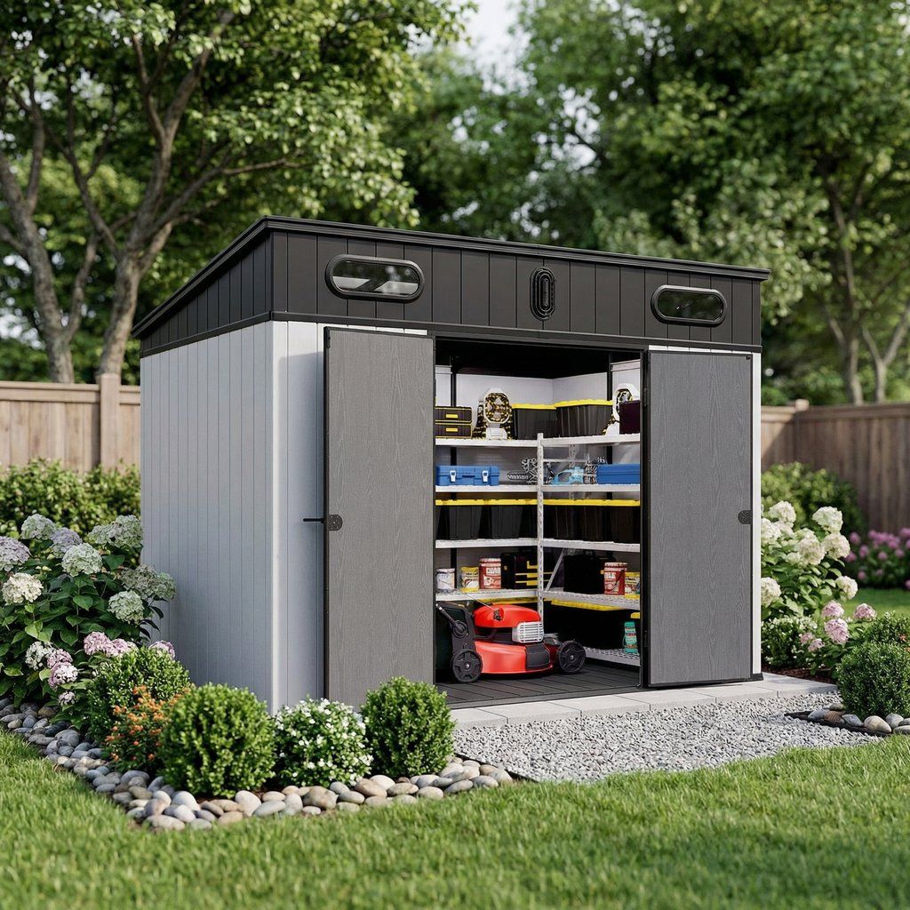Outdoor Storage Shed Garden Building Weather Resistant Plastic 10x7ft Gray