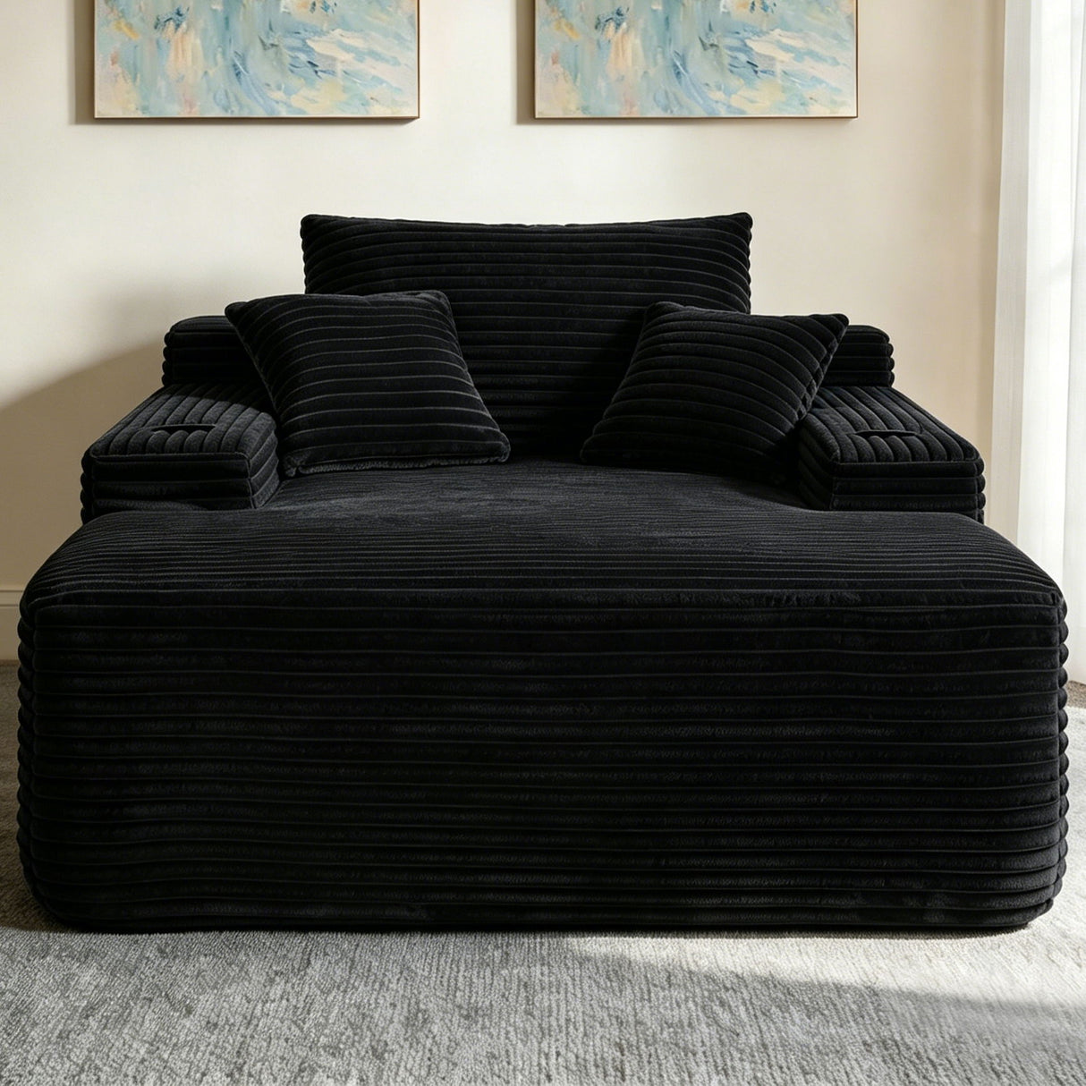 Convertible Chaise Lounge Chair & Wide Armrest & Throw Pillows - Black
