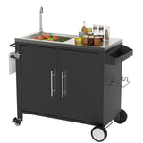 Outdoor Grill Table With Sink, Grill Cart With Sink And Cabinet With Wheels - Black / Silver