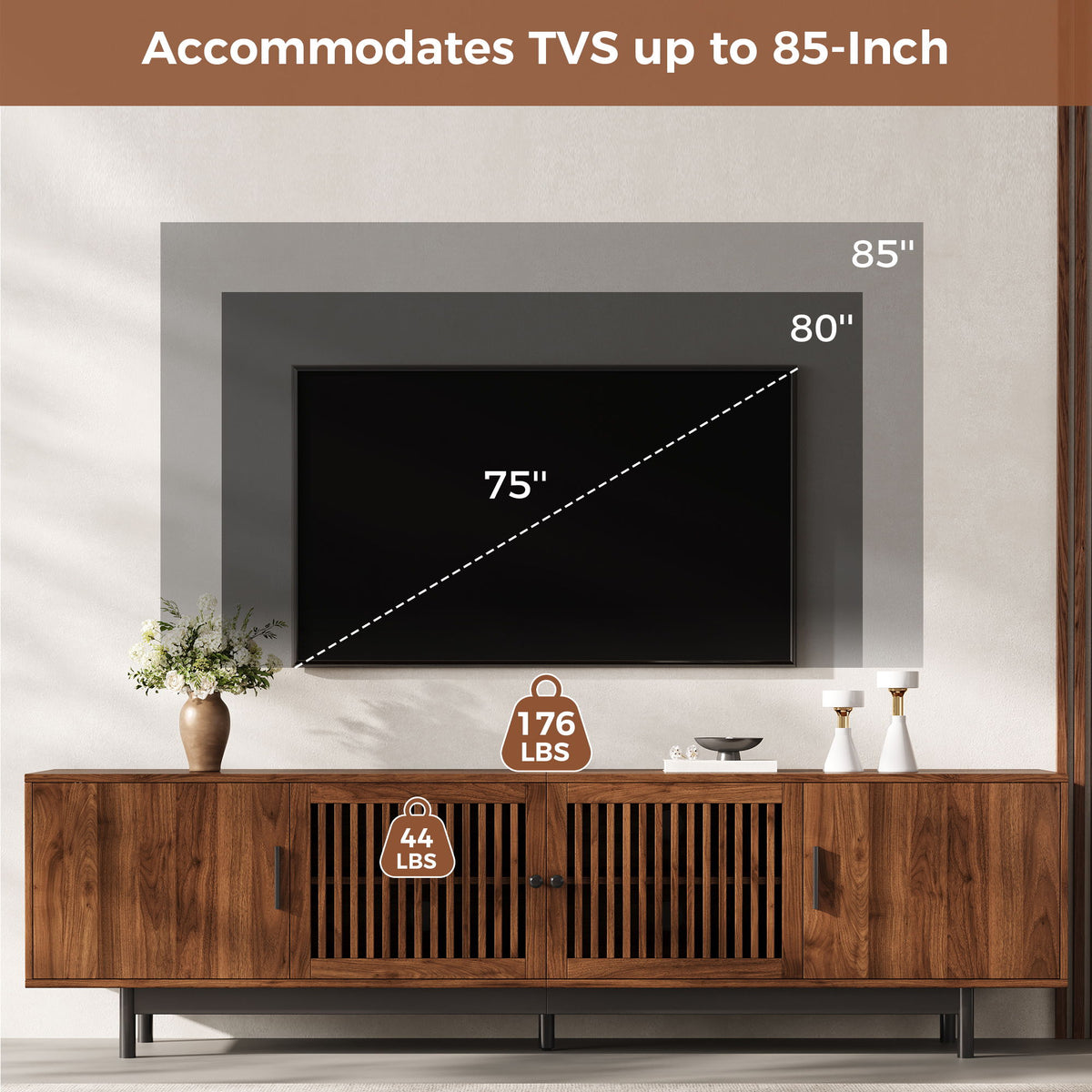 TV Stand, Media Console With Soft Closing Hinges, Adjustable Shelves, Slatted Doors - Walnut