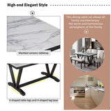 6 Piece Dining Table Modern Style With 4 Chairs & 1 Bench, Table With Marbled Veneers Tabletop And V-Shaped Table Legs - White