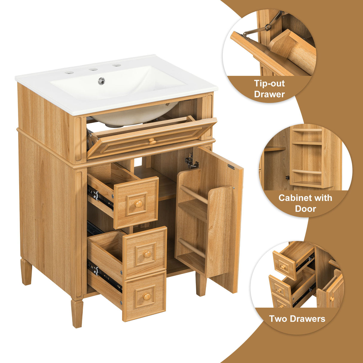 Bathroom Vanity With Sink, Cabinet With Flip Out Drawer, 2 Soft Close Drawers, 1 Soft Close Door - Wood