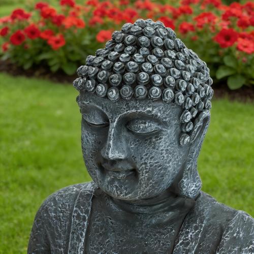 28" Height Zen-Style 2-Tier Meditating Buddha Water Fountain with Pump & LED Light, Outdoor Waterfall & Buddha Statue for Garden, Patio & Backyard