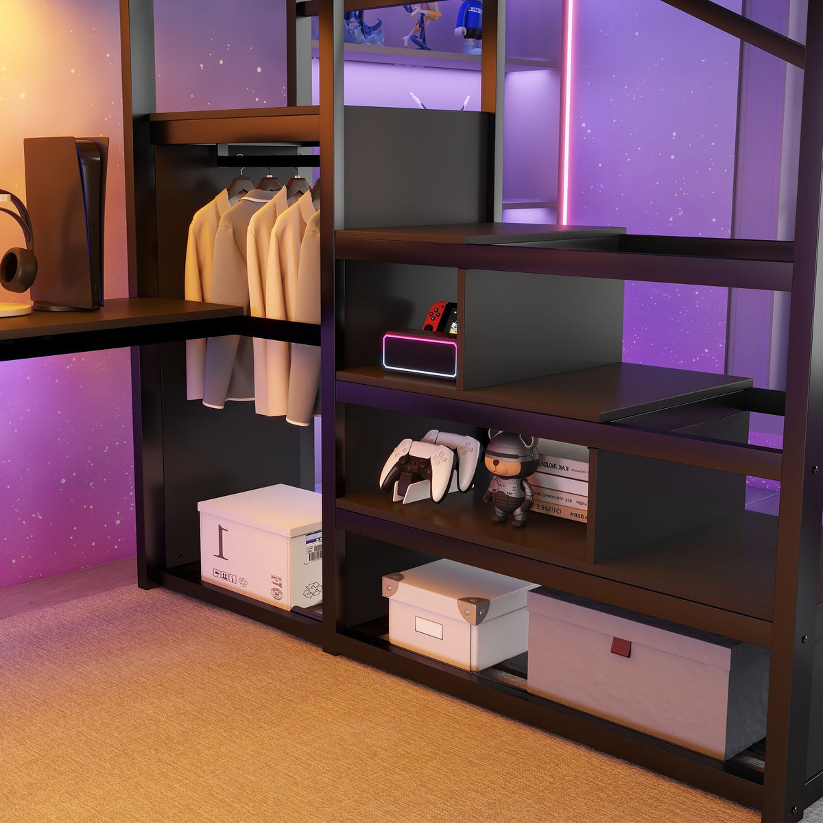 Queen Loft Bed With Desk And Charging Station Stairs And Light - Black