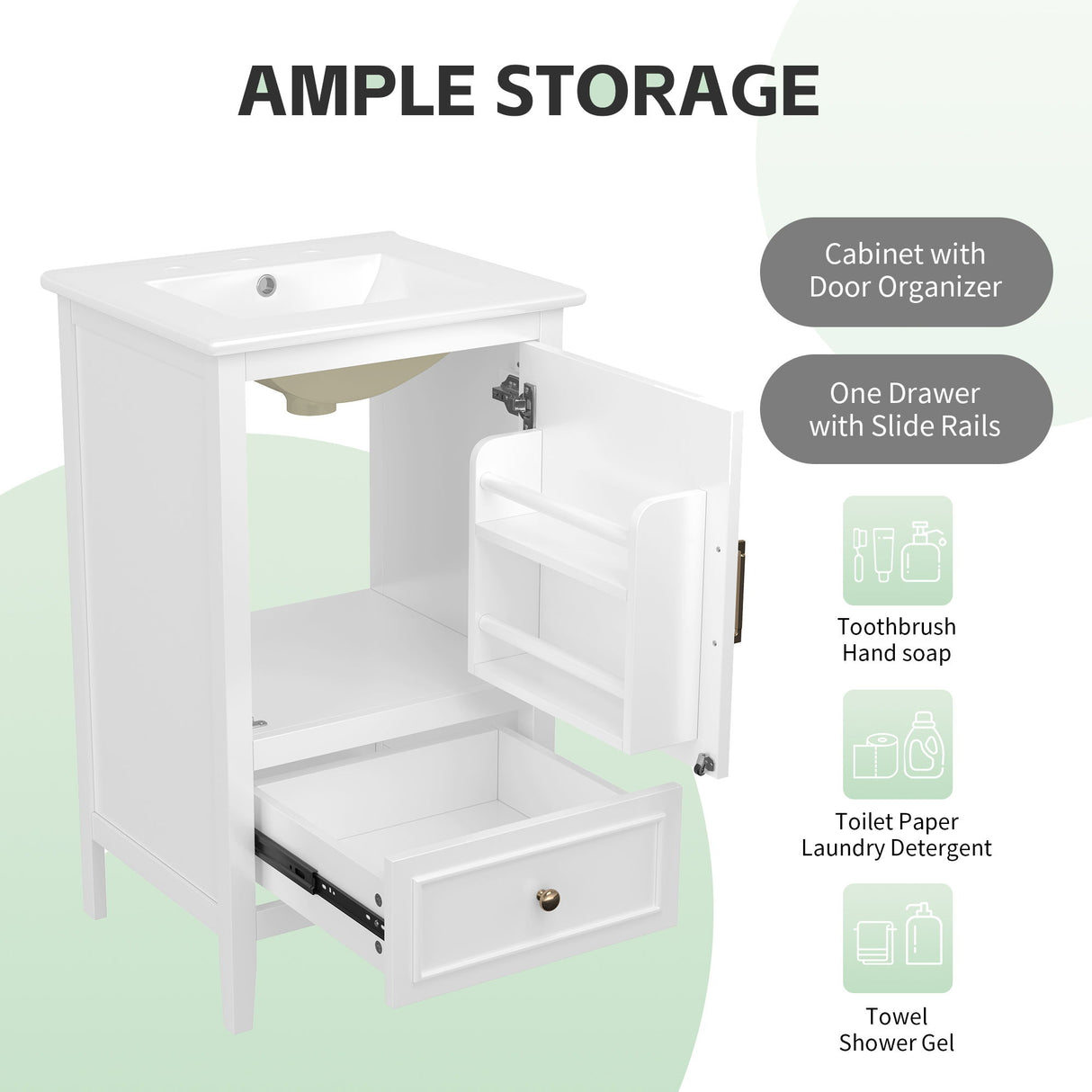 Modern Bathroom Vanity With Sink, Cabinet Storage, Drawer & Adjustable Feet