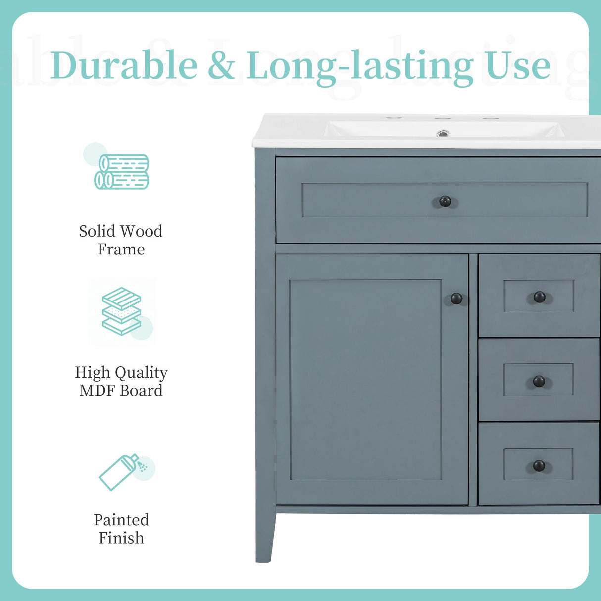 Bathroom Vanity With Sink, 3 Drawers And Adjustable Shelf