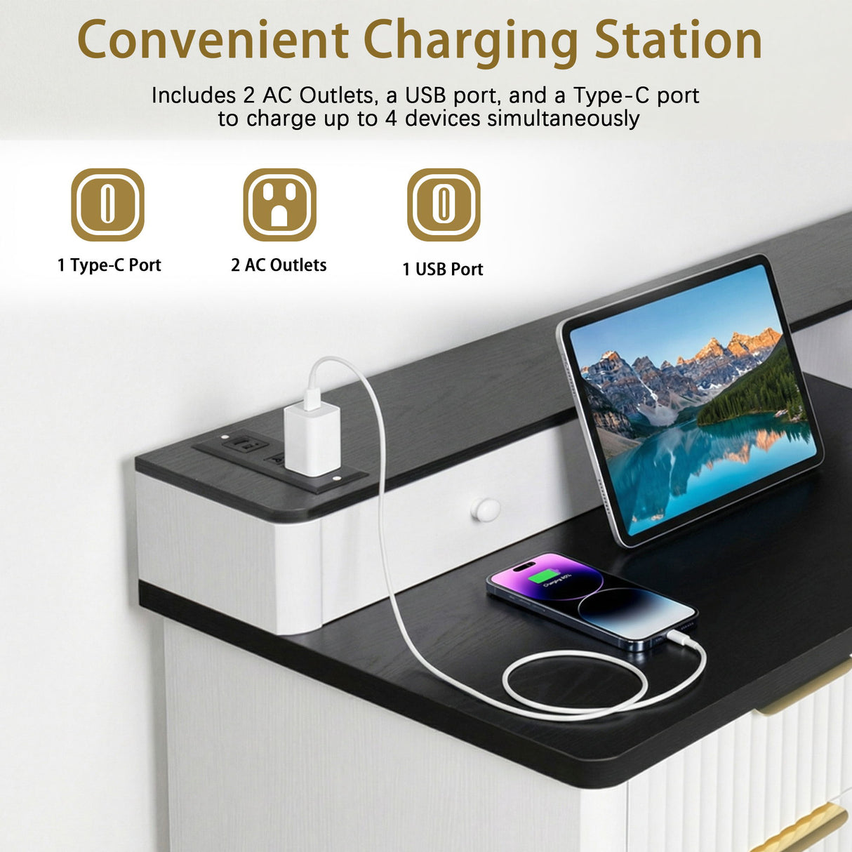 Fluted L-Shaped Desk With Charging Station & Storage Cabinet