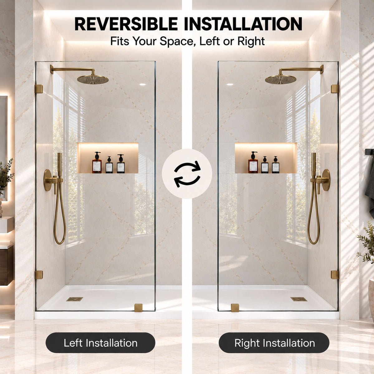 Frameless Bathtub Shower Screen, Reversible Installation