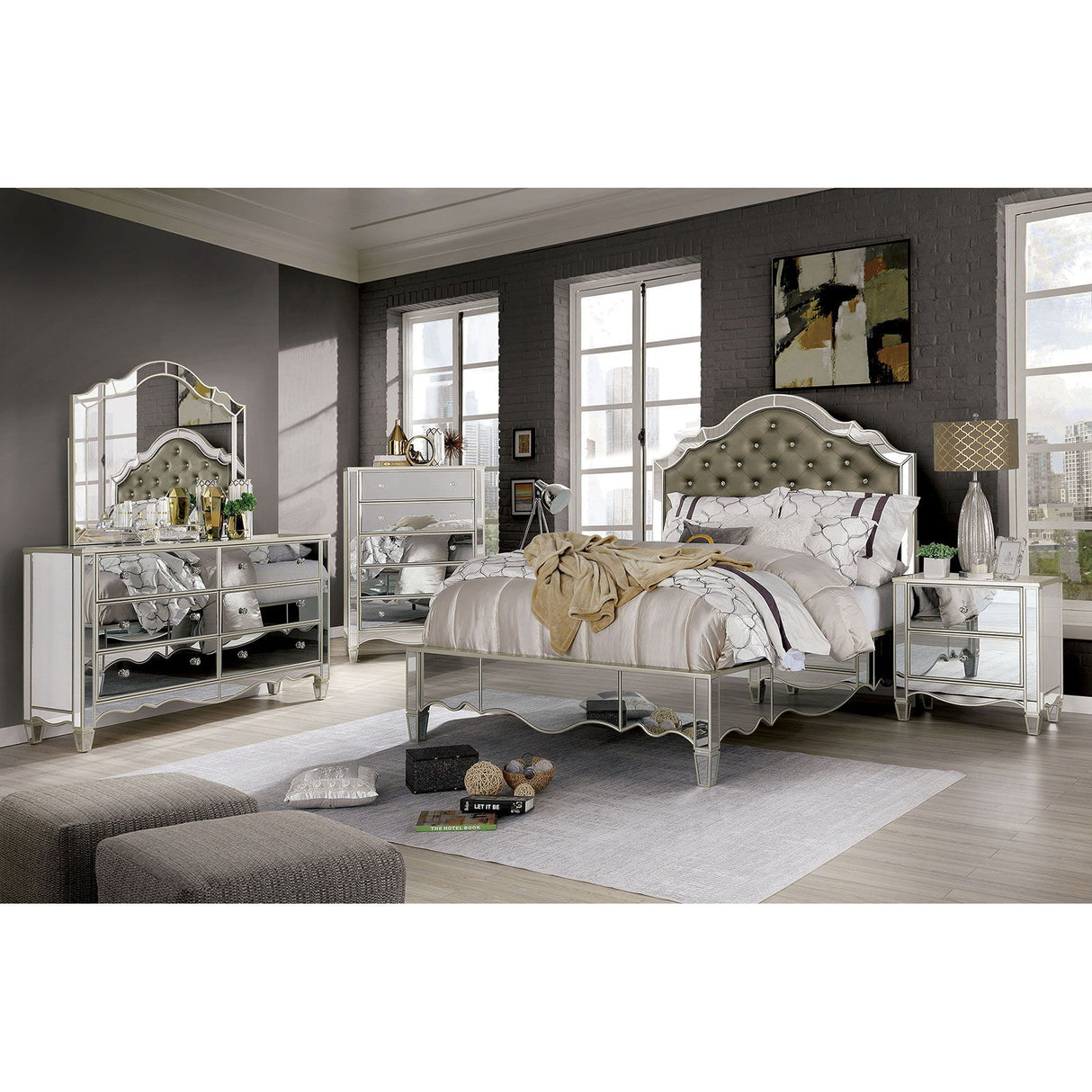 Nightstand With Mirror Panels - Silver