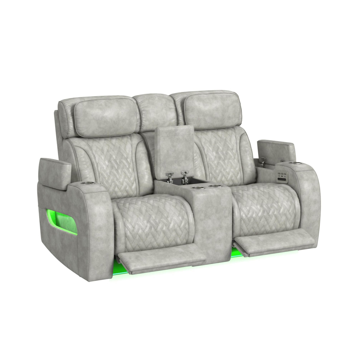 Prime Time - P3 Loveseat With Console, 7 Colors Led, Cup Holders And Wireless Charger Controller - Leather Gel Light Gray