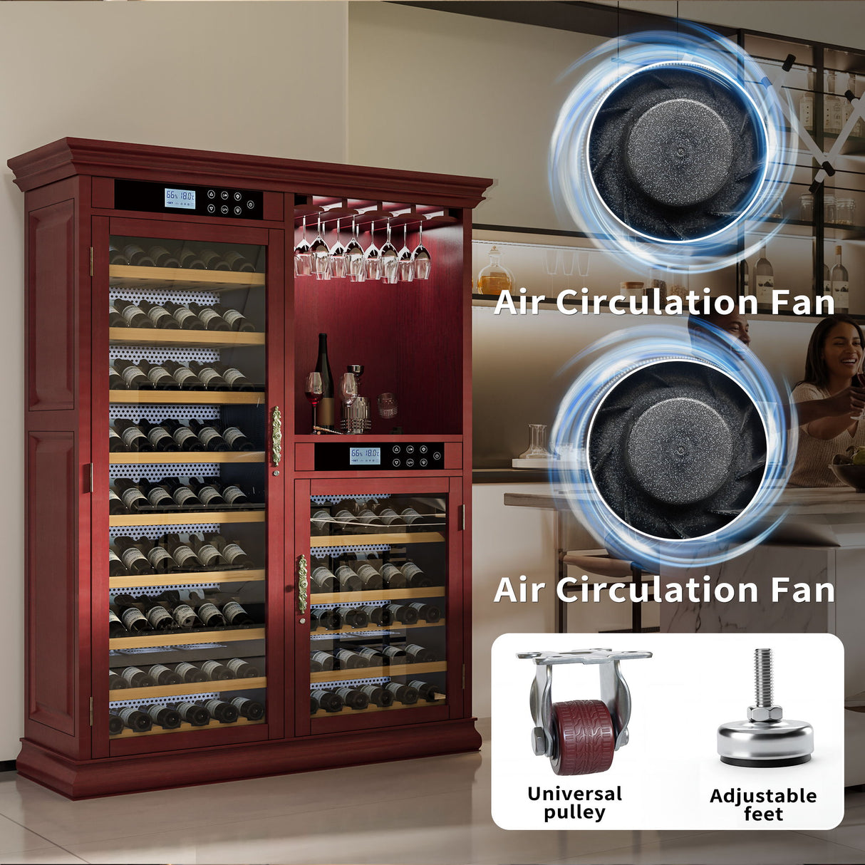 Wine Cooler With Dual Zone Temperature Control, Vacuum Insulated Door, LED Lighting, 158 Bottle Capacity - Cherry