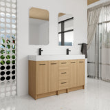 Double Sink Bathroom Vanity With 3 Drawers, Large Storage, Integrated Sink, Freestanding Cabinet, Soft Close Hardware - Glossy White / Light Oak