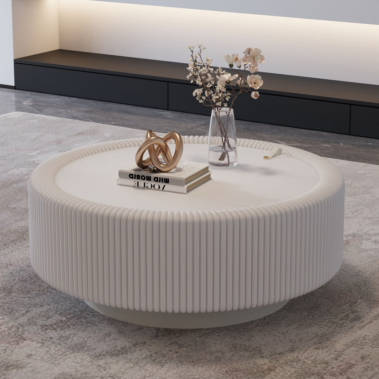 Round Fluted Coffee Table, Base & Hidden Storage - Snow White
