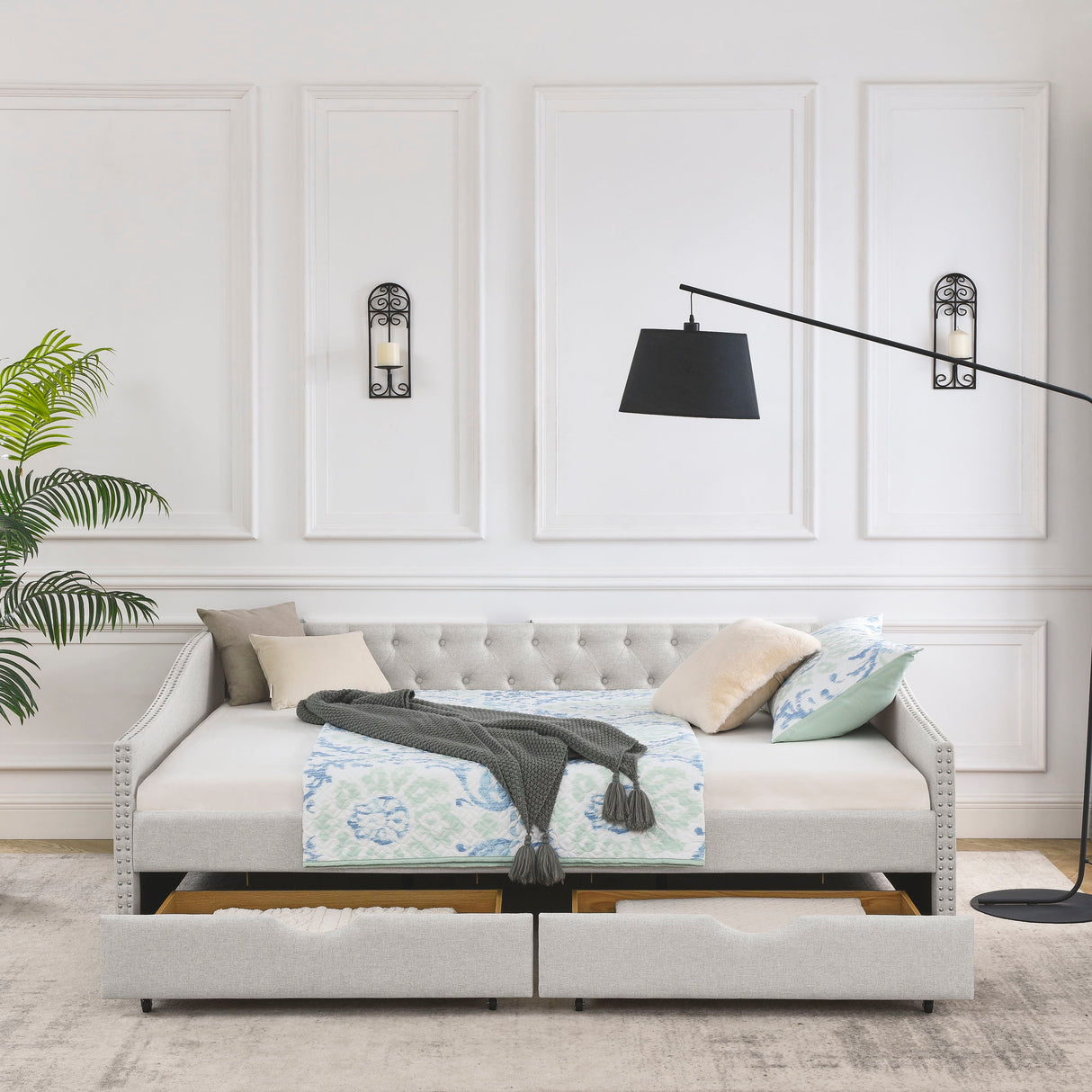 Upholstered Tufted Daybed With 2 Drawers, Waved Arms