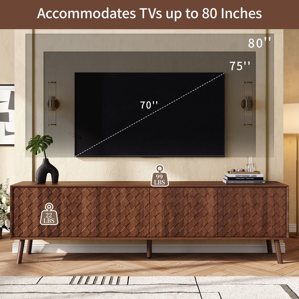 70" TV Stand For TVs Up To 80", Soft Closing Hinges And Cable Management - Walnut