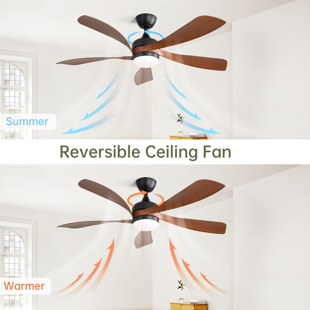 52" Ceiling Fan With 3 Color Dimmable LED Light, 5 Blades, Remote Control, Reversible DC Motor