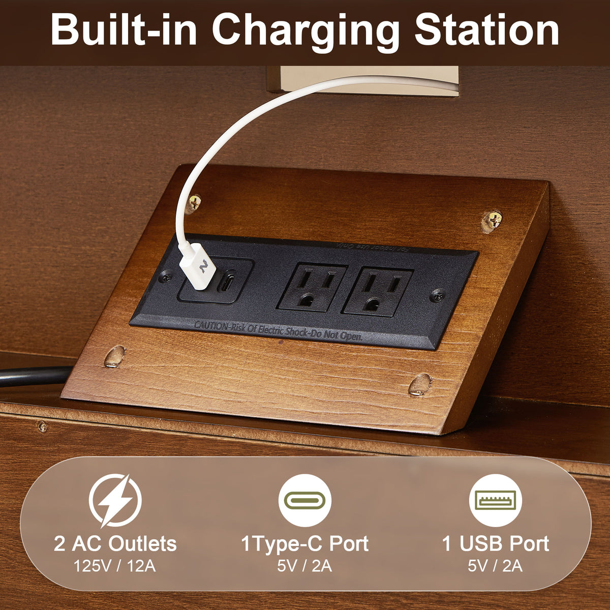 Nightstand With Charging Station, 2 Drawer Bedside Table - Walnut