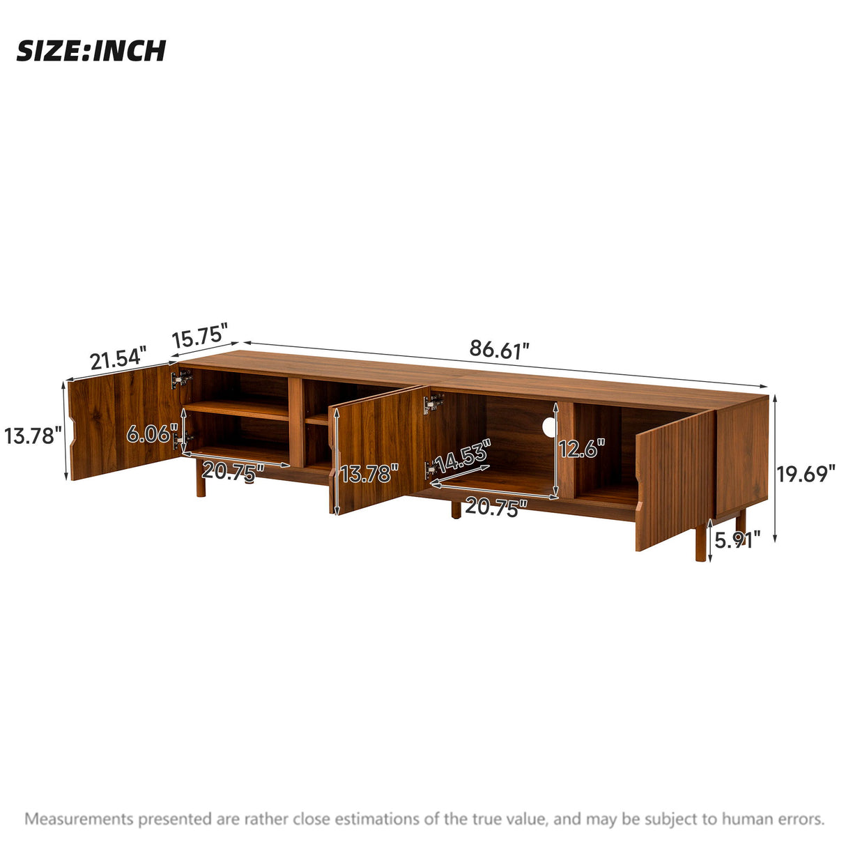 TV Stand With Legs, Media Console, 4 Cabinets For Living Room - Natural Wood