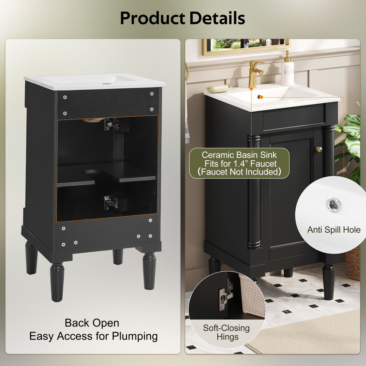 French Style Bathroom Cabinet With Sink, Adjustable Shelf