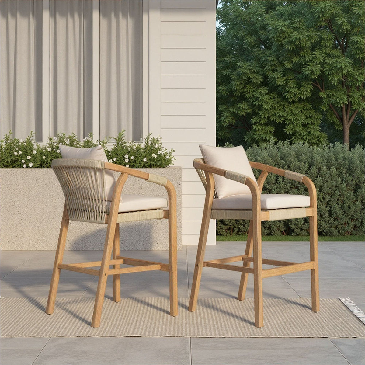 Delfina - Outdoor Barstool (Set of 2) With Cushion - Natural Eucalyptus / Cream Cushion