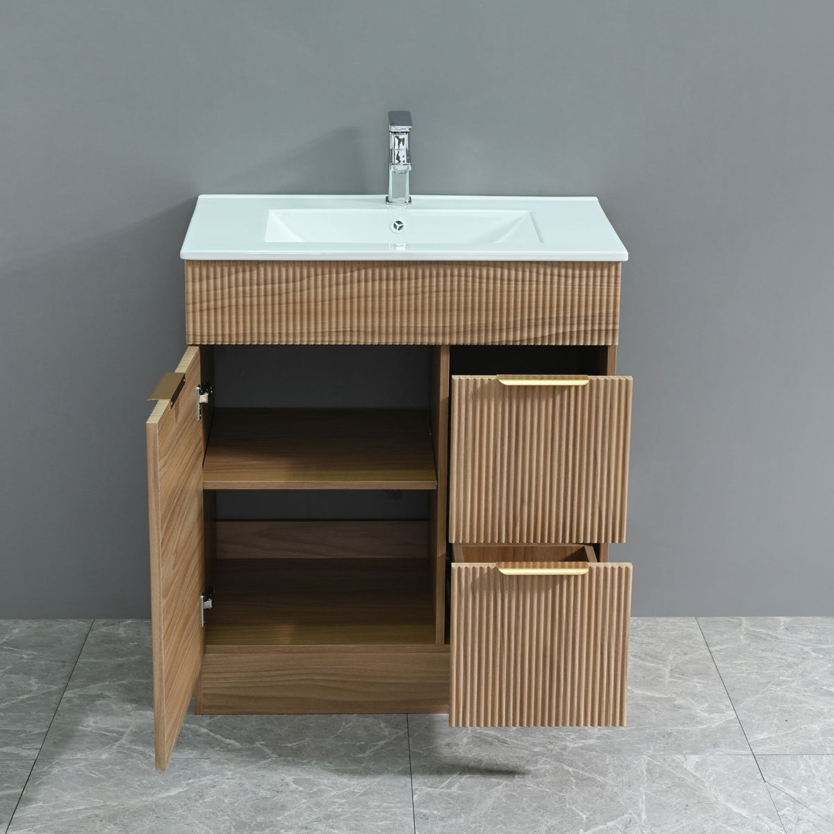 Bathroom Vanity With Sink, Freestanding Fluted Cabinet With 1 Door And 2 Drawers - Natural Walnut
