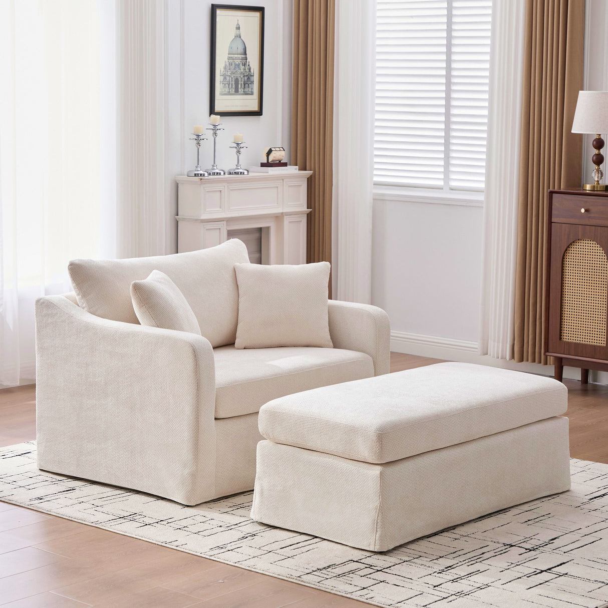 Accent Chair With Ottoman, Includes 2 Bolster Pillows