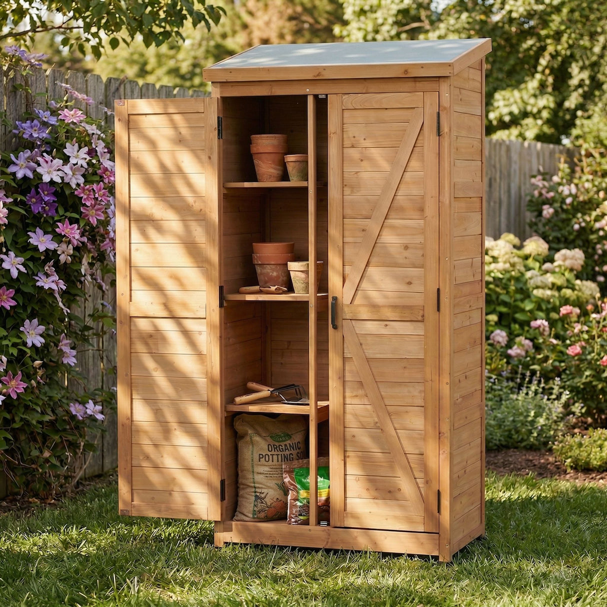 Outdoor Storage Shed With Top Tall Vertical Tool Cabinet - Gold