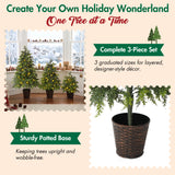 3 Piece Pre Lit Christmas Tree Set With Warm Glowing LED Lights, Sturdy Potted Base, Full Cascading Branches - Green