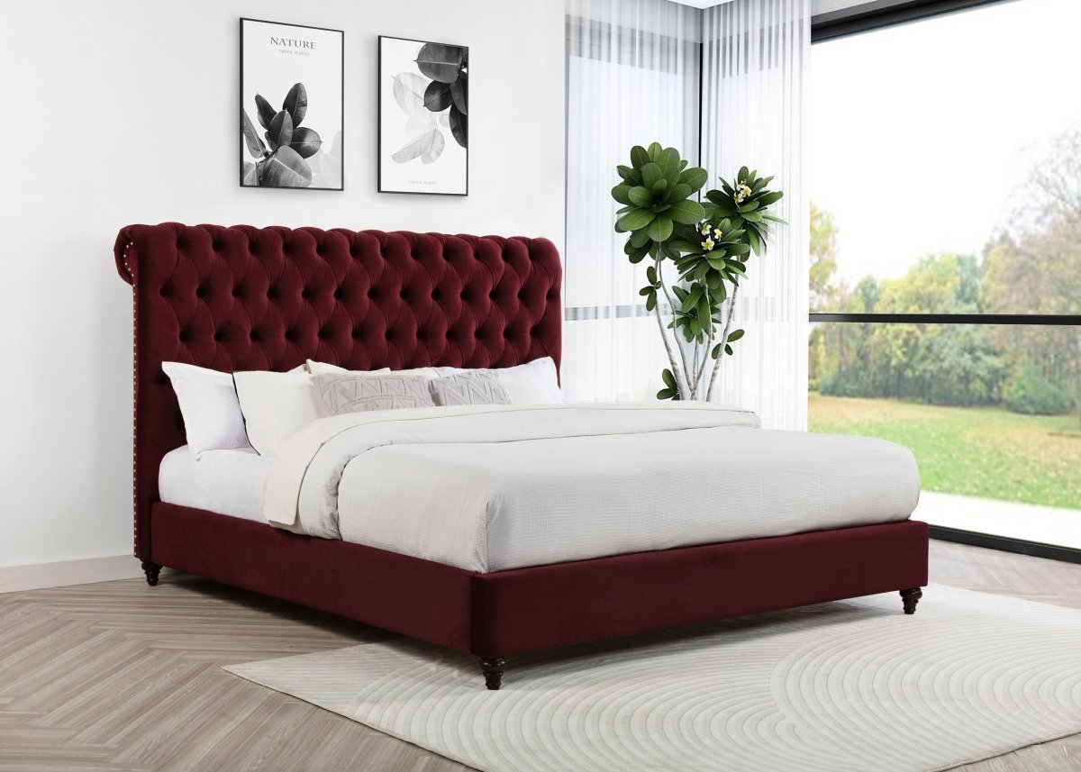 Devon Upholstered California King Panel Bed in Wine Red - Headboards available at Alpine Outlets in Denver