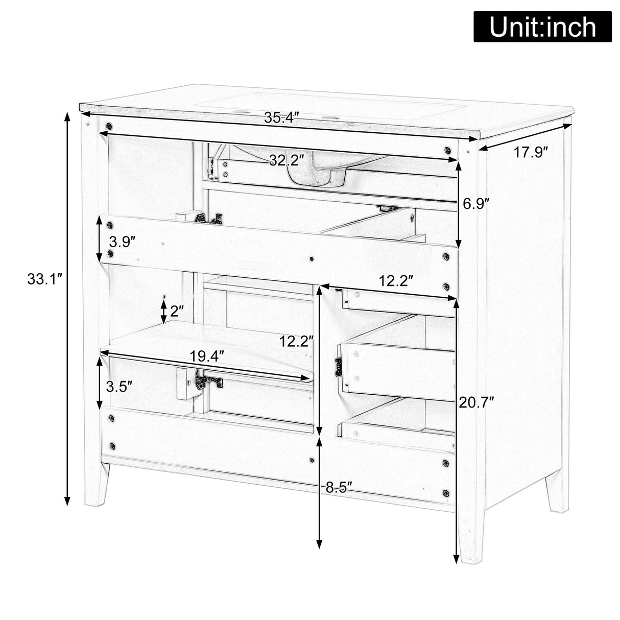 Bathroom Vanity With Sink, 3 Drawers & Cabinet With Adjustable Shelves