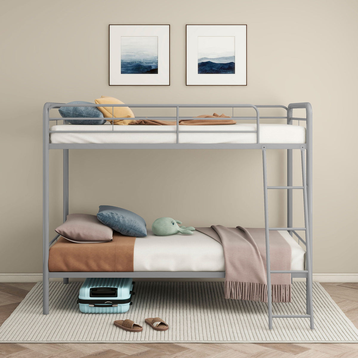 Long Beach - Twin Over Twin Bunk Bed With Built In Guardrails And Angled Ladder - Silver