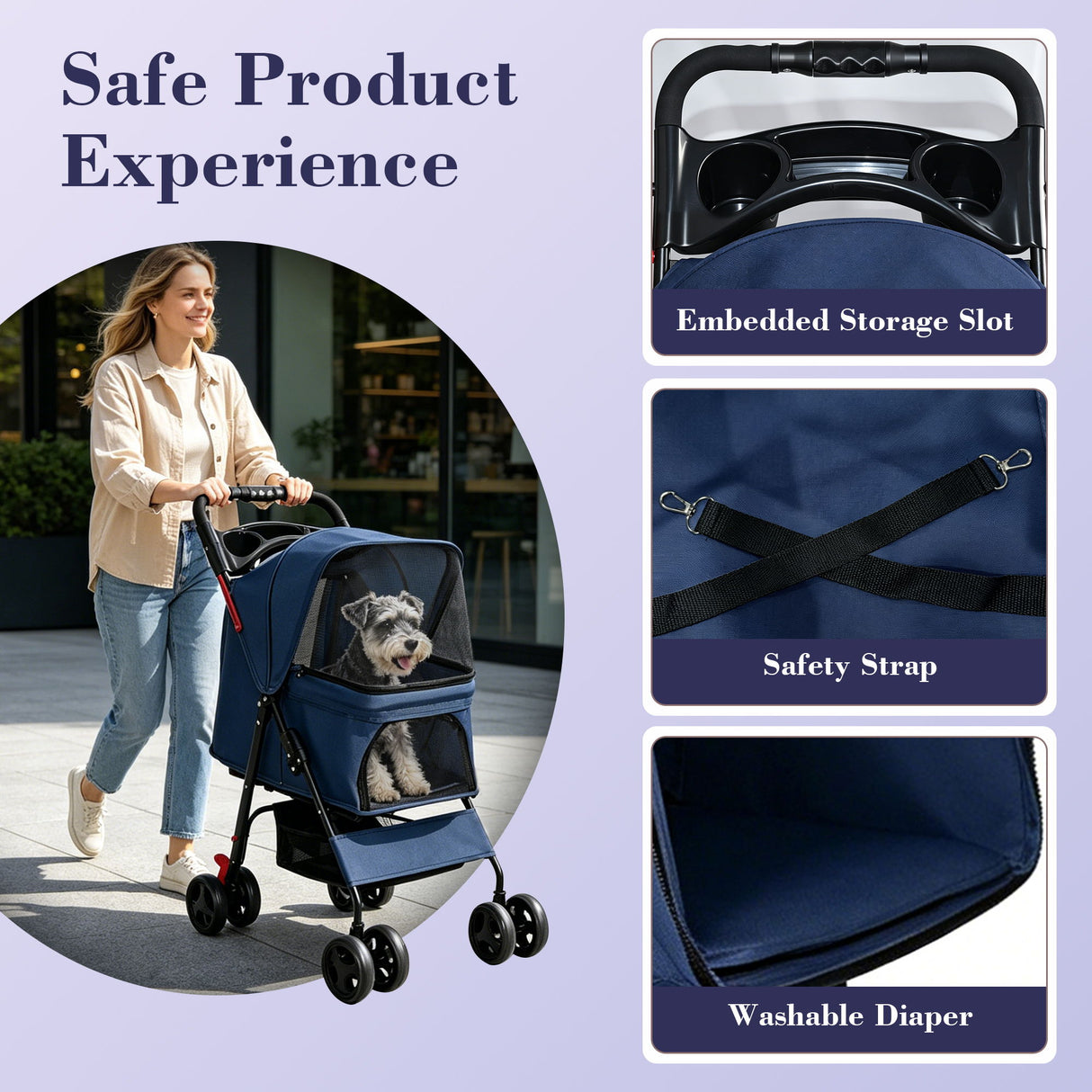 Foldable Pet Stroller For Small Dogs And Cats With Multi Functional Tray