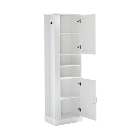 Tall Freestanding Bathroom Storage Cabinet With Adjustable Shelves And Side Hooks Board, Rectangle Design