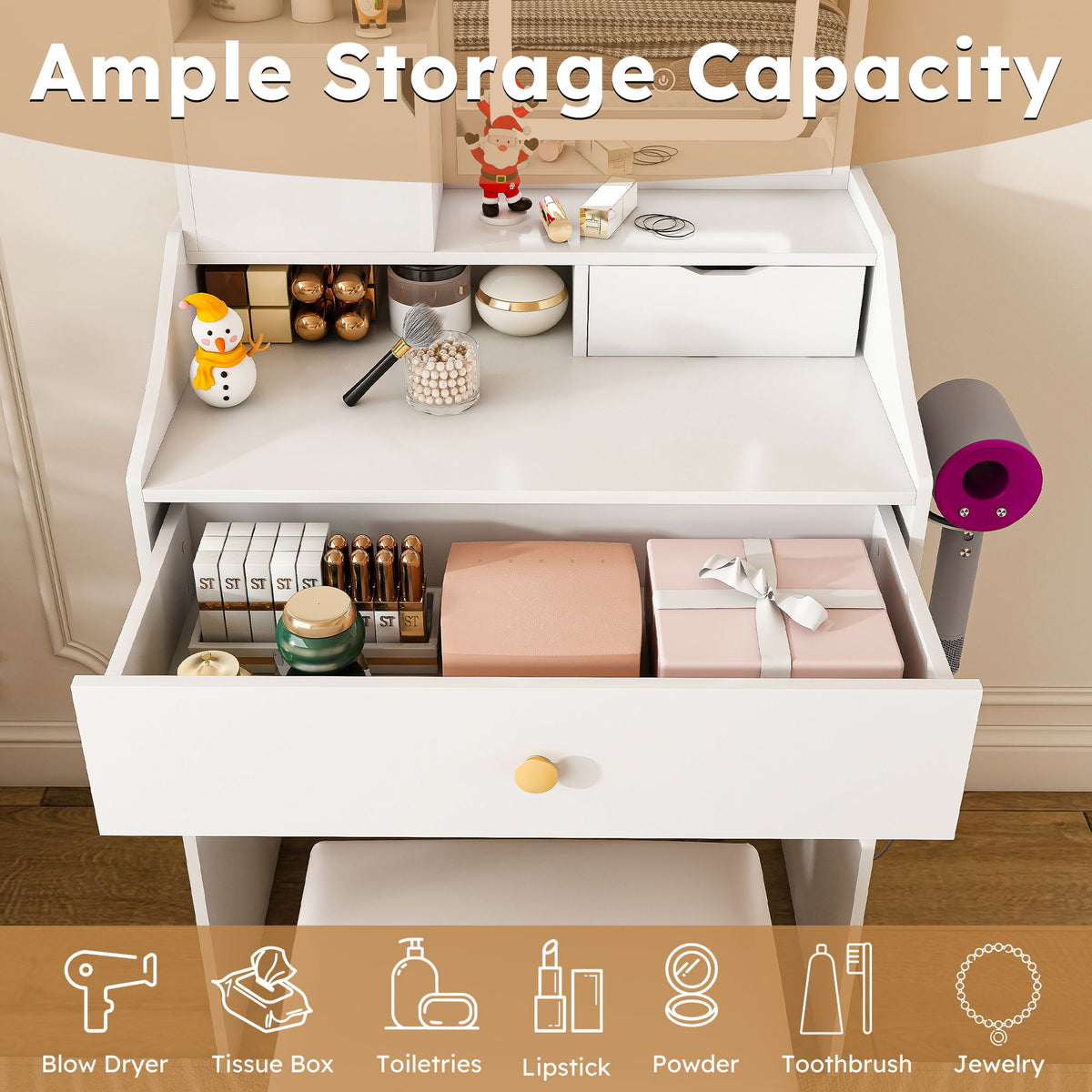 3 Color LED Vanity Mirror With Stool, 2 Drawers & 5 Storage Cabinets, Adjustable Lighting - White