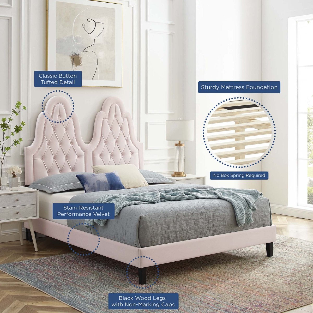 Diamond Tufted Performance Velvet Platform Bed with French Piping - Platform Bed available at Alpine Outlets in Denver