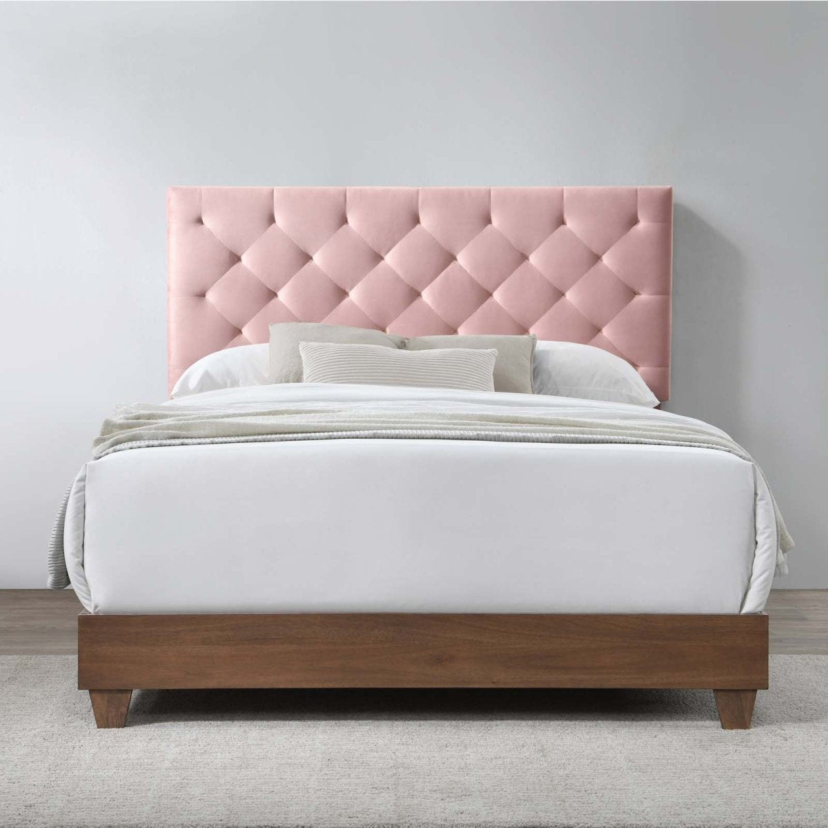 Diamond Tufted Performance Velvet Queen Bed with Walnut Veneer - Platform Bed available at Alpine Outlets in Denver