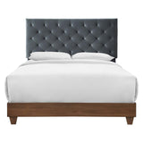 Diamond Tufted Performance Velvet Queen Bed with Walnut Veneer - Platform Bed available at Alpine Outlets in Denver
