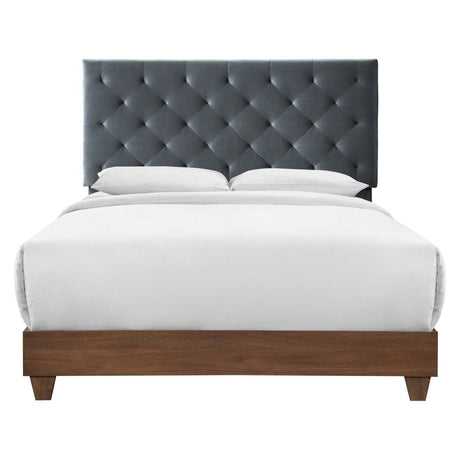 Diamond Tufted Performance Velvet Queen Bed with Walnut Veneer - Platform Bed available at Alpine Outlets in Denver
