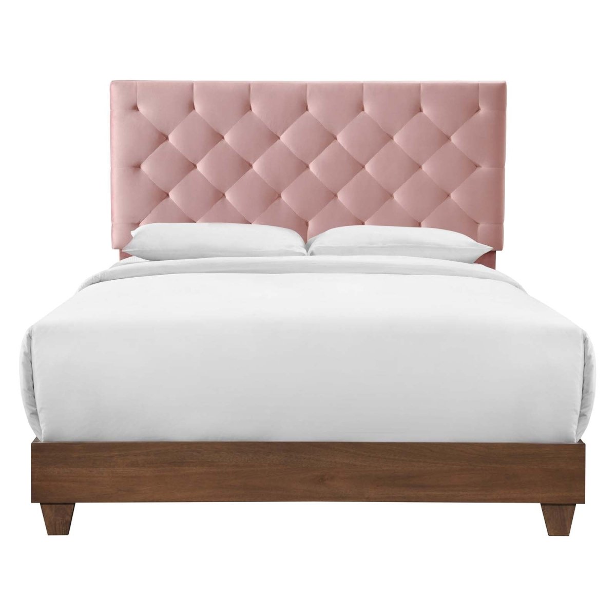 Diamond Tufted Performance Velvet Queen Bed with Walnut Veneer - Platform Bed available at Alpine Outlets in Denver