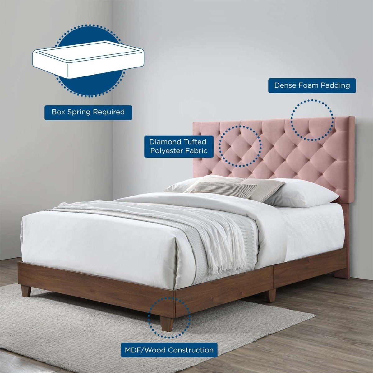 Diamond Tufted Performance Velvet Queen Bed with Walnut Veneer - Platform Bed available at Alpine Outlets in Denver