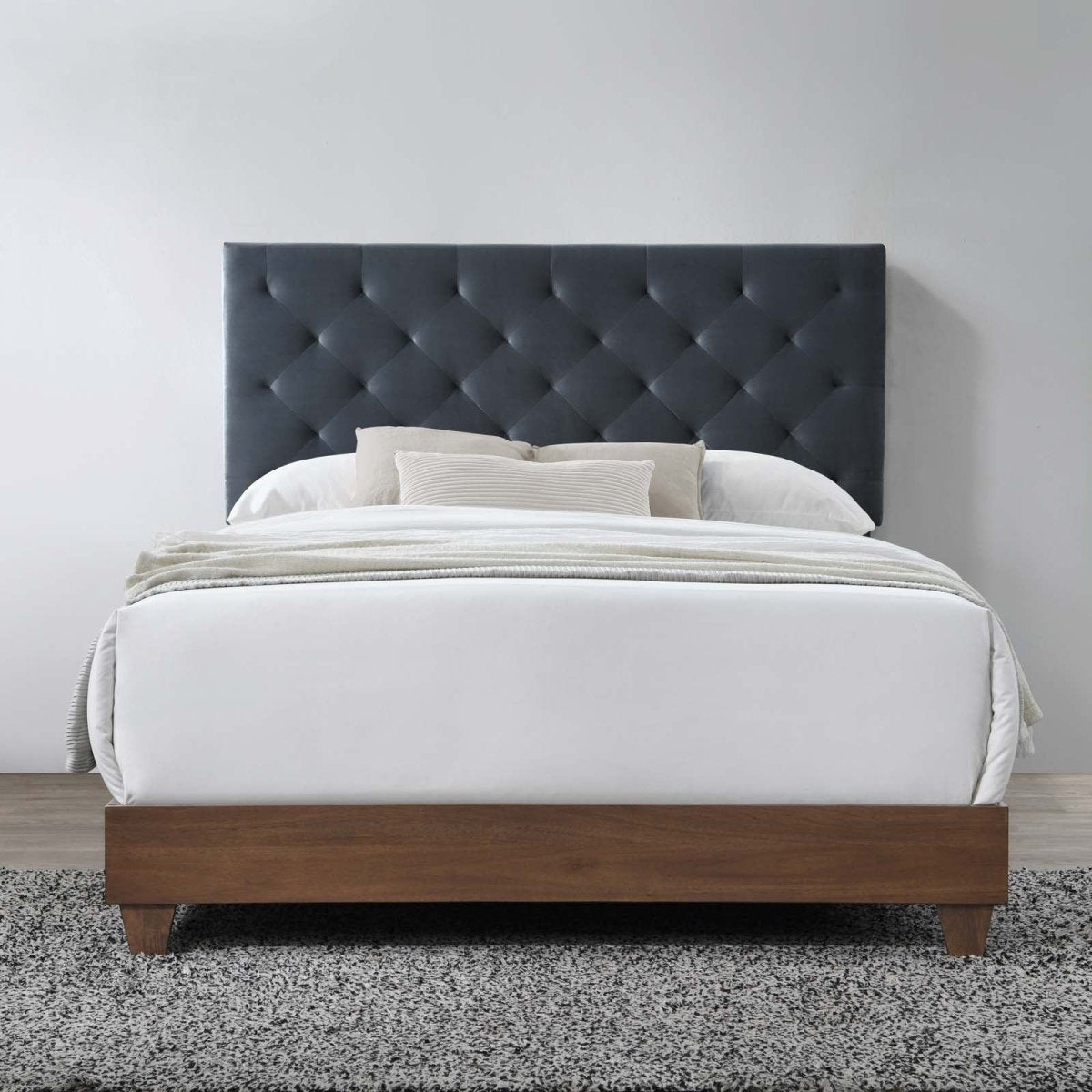 Diamond Tufted Performance Velvet Queen Bed with Walnut Veneer - Platform Bed available at Alpine Outlets in Denver