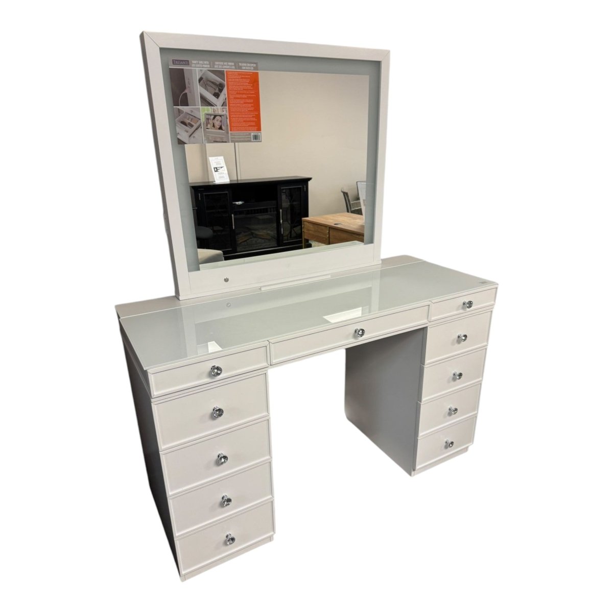 Double Pedestal Makeup Vanity Table with LED Lighted Mirror - Condition: New - (ID N5823) - available at Alpine Outlets in Denver