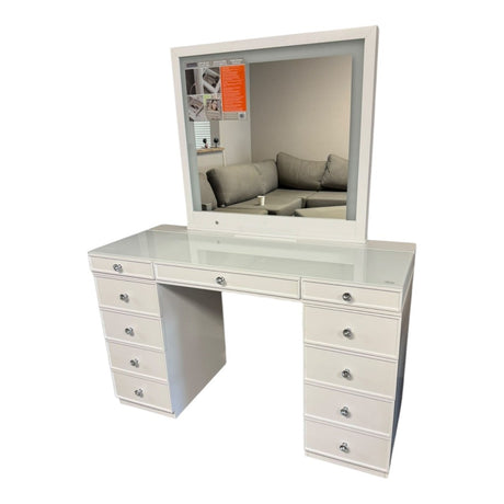 Double Pedestal Makeup Vanity Table with LED Lighted Mirror - Condition: New - (ID N5823) - available at Alpine Outlets in Denver