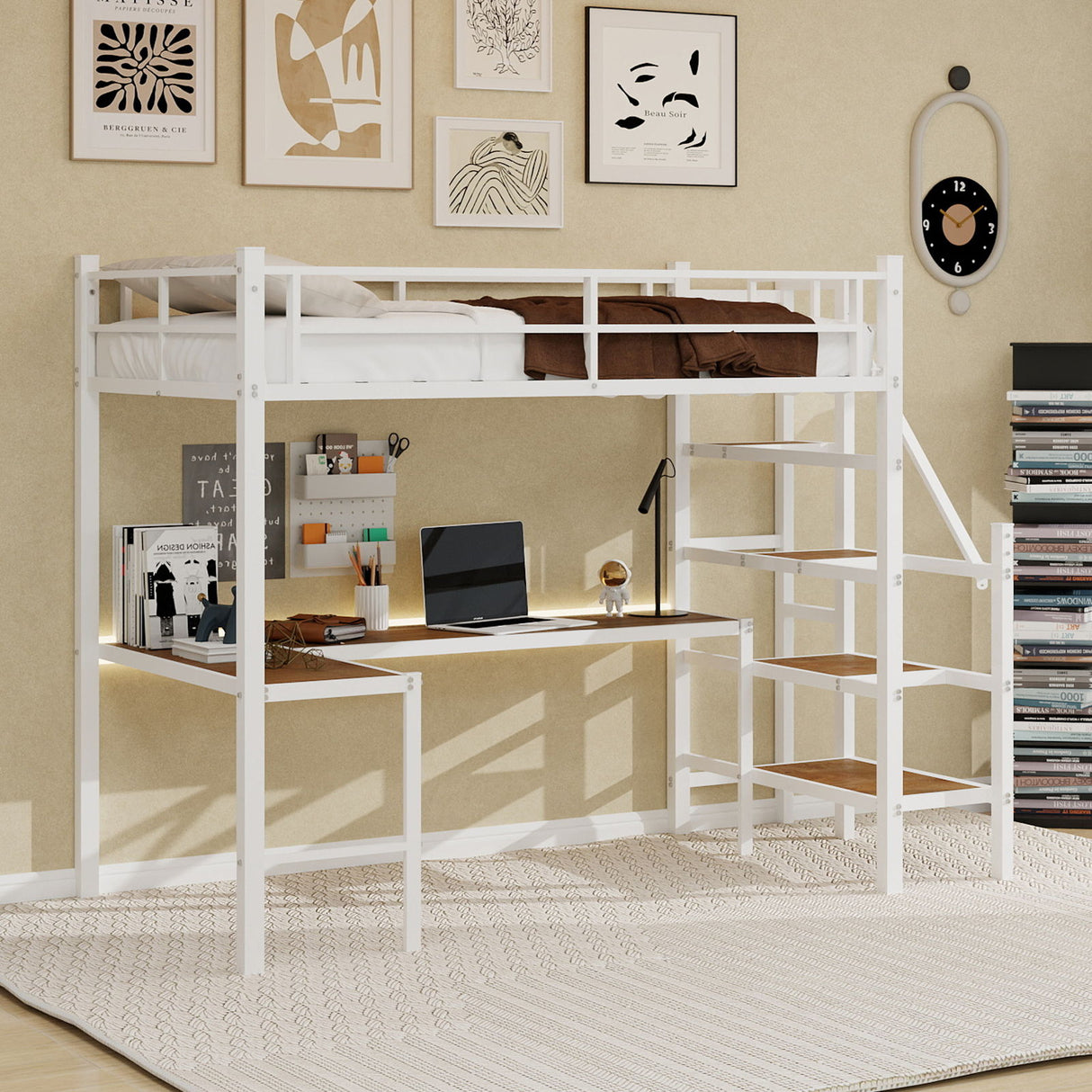 Loft Bed & L-Shaped Desk, Large Storage Space