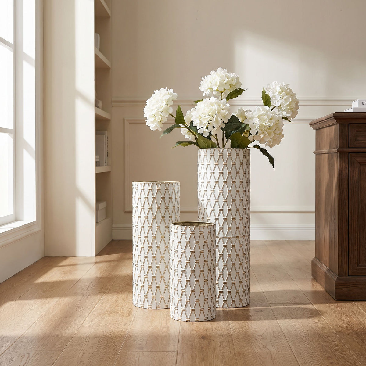 Diamond Embossed Floor Tall Vases Home Decor (Set of 3) - White / Gold