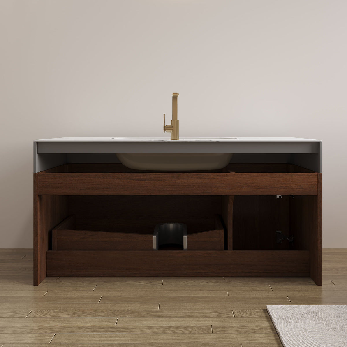 Floating Bathroom Vanity & Basin 1 Soft Close Drawer + 1 Cabinet, Wall Mounted - Walnut / White