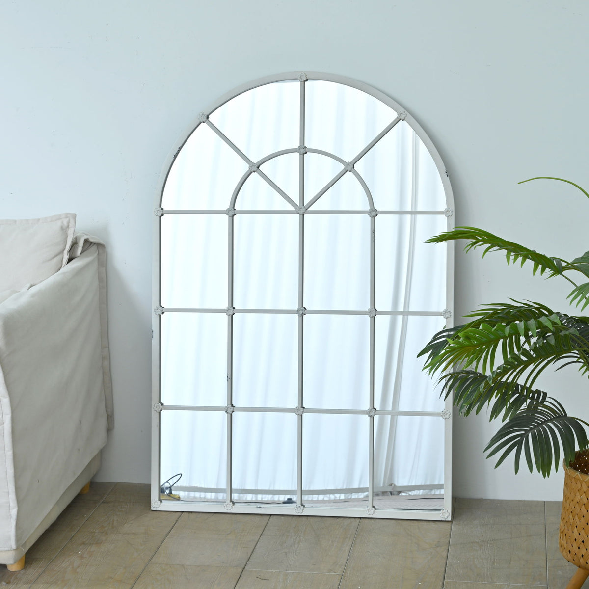 Handmade Arched Mirror, Windows Design For Entryway - White