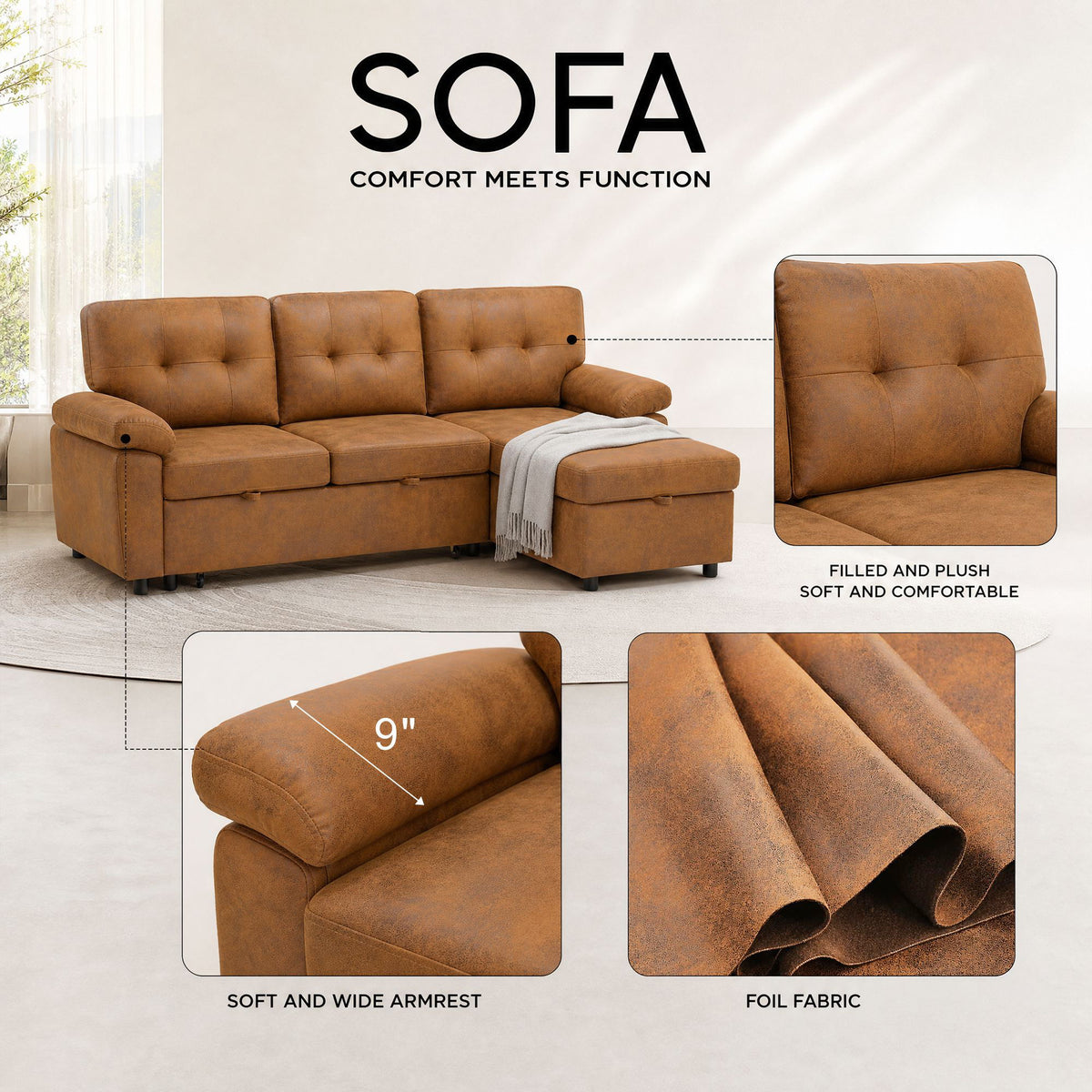 Convertible Sectional Sofa Bed With Pull Out Sleeper And Storage