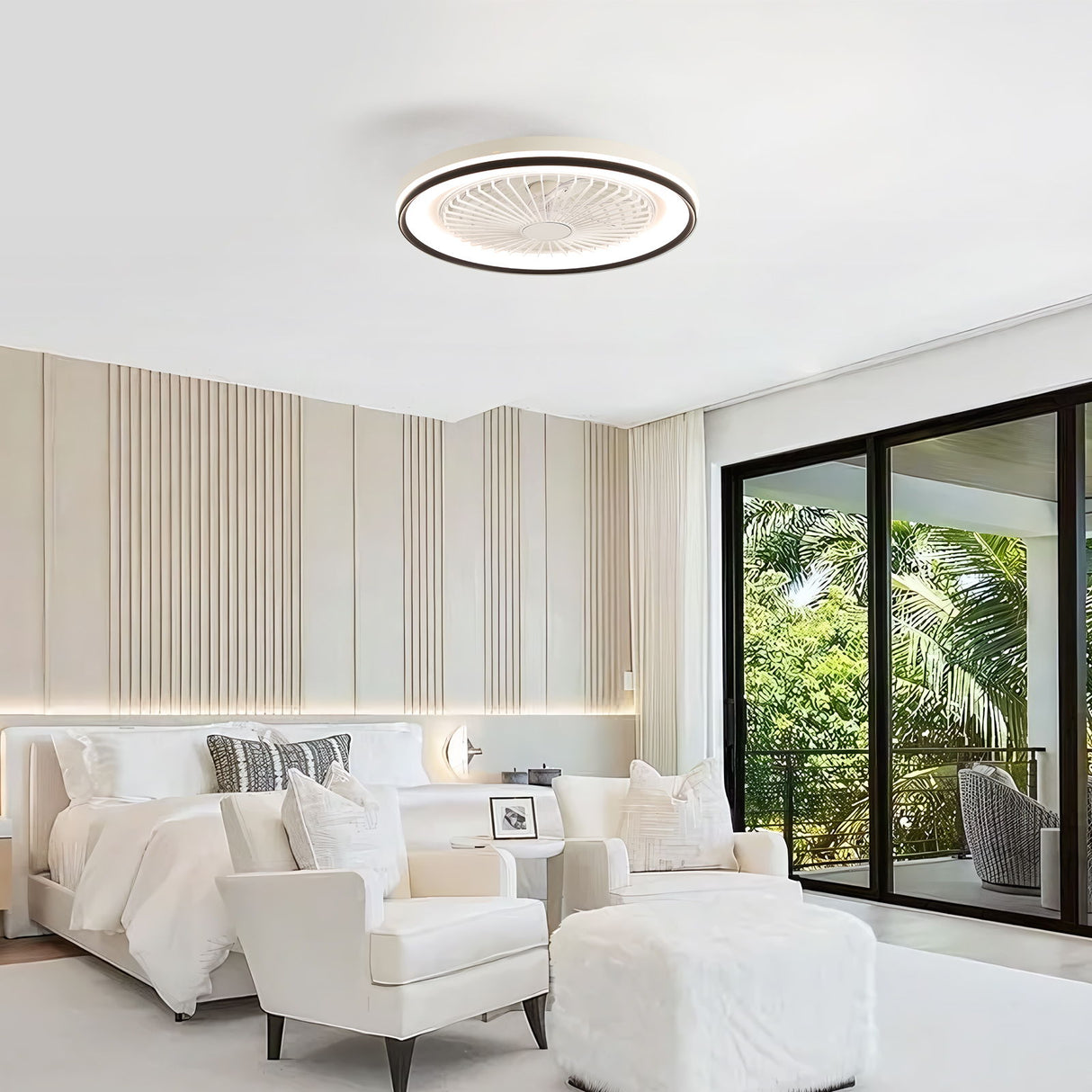 RGB Dimmable LED Enclosed Ceiling Fan With Light Flush Mount Bladeless, 6 Speed, Remote Control - White